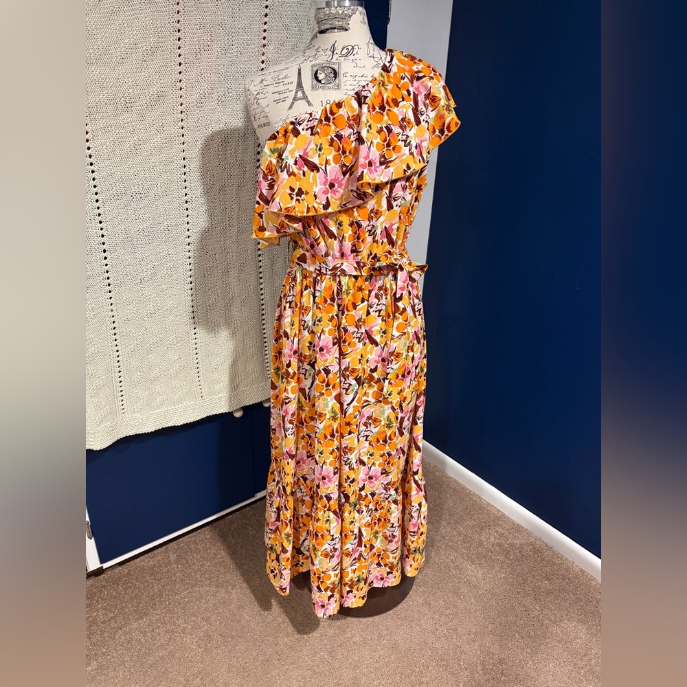 One shoulder asymmetrical floral dress in pink and orange